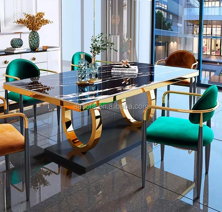 Golden Stainless Steel Frame Luxury Marble Top Dining Table
