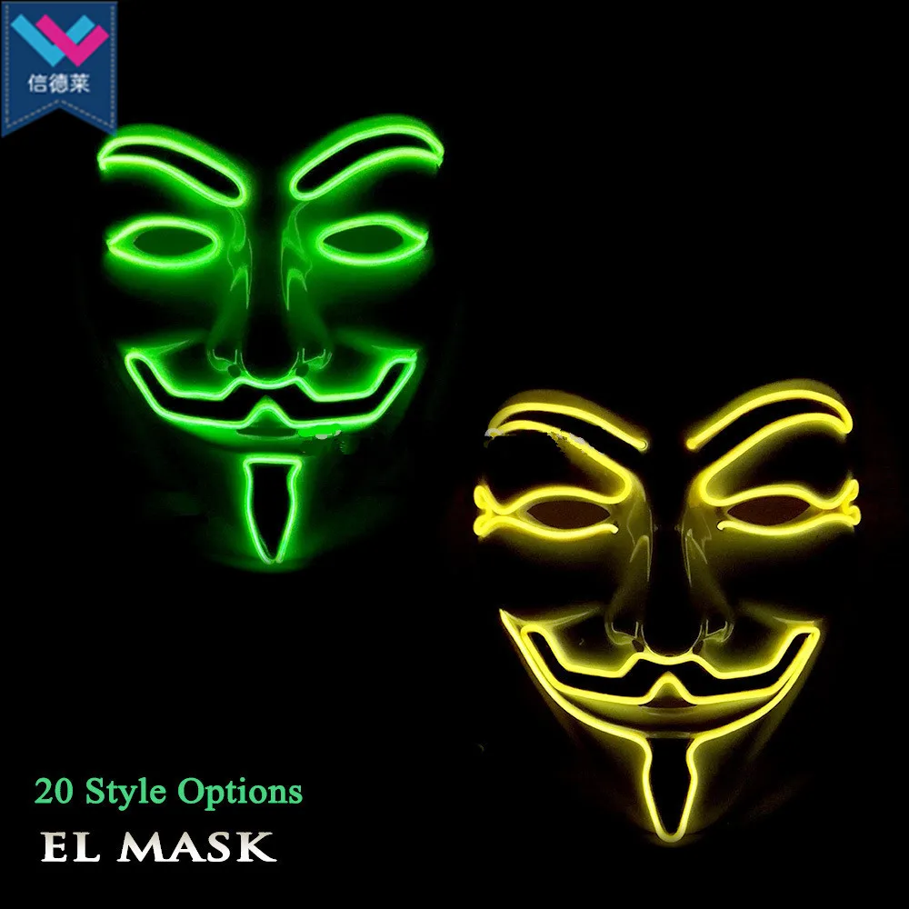 Halloween Vendetta EL Mask 10 Colors PVC Neon Glow Masks for Festival Carnival Dance Night Party Decoration