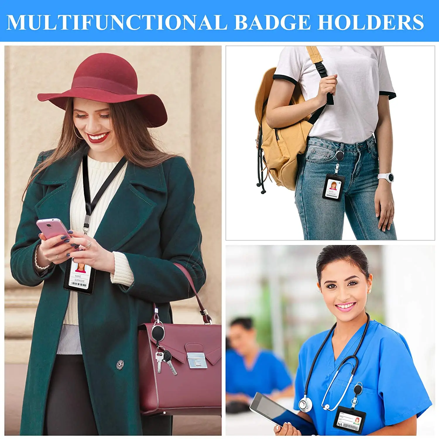 Retractable Leather Badge Holder Vertical and Horizontal ID Card Holder Retractable Badge Reel with Slot Detachable Lanyard Name