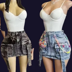 Viviblook Z409ST04 Summer Streetwear Sleeveless Bodysuit tank Tops and Mini Pocket Cargo Denim Skirt 2 Piece Set Women Outfits
