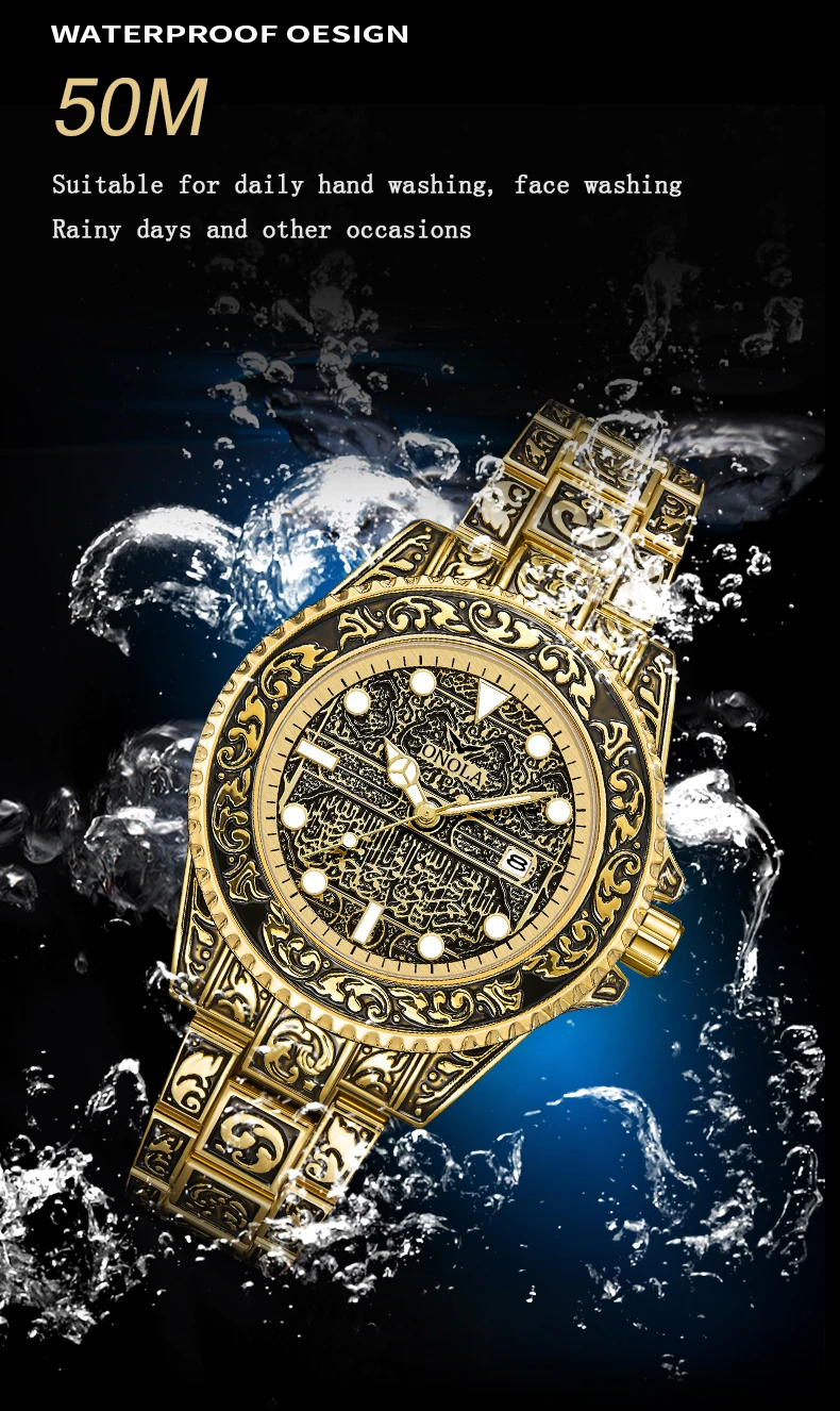 ONOLA 3830 44mm Automatic Mens Quartz Watches Gold Watch for Men Waterproof Luxury Arabic Wrist Watches