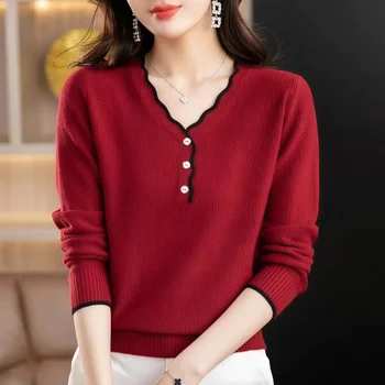 Women's Fashion Jumper with V-Neck Loose and Solid Long Sleeves Knitted for Autumn Warm and Comfortable Casual Style