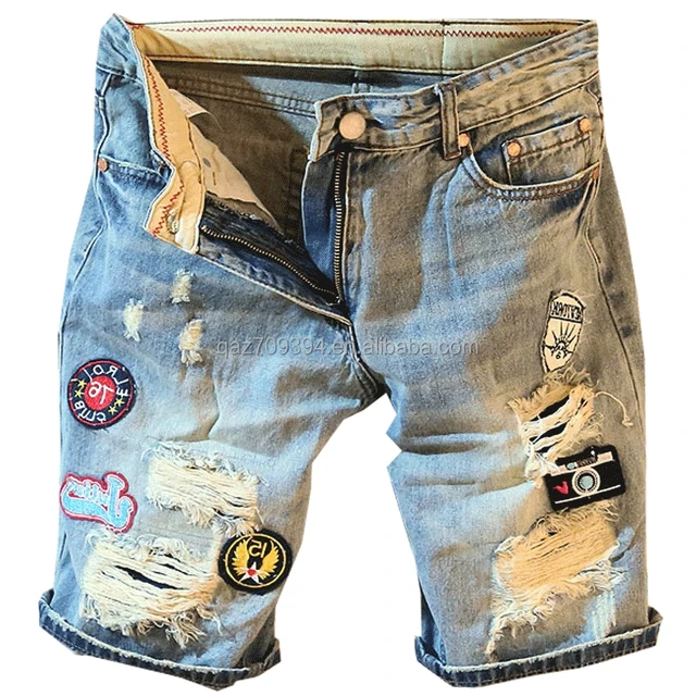 Wholesale light blue shorts men's perforated denim shorts