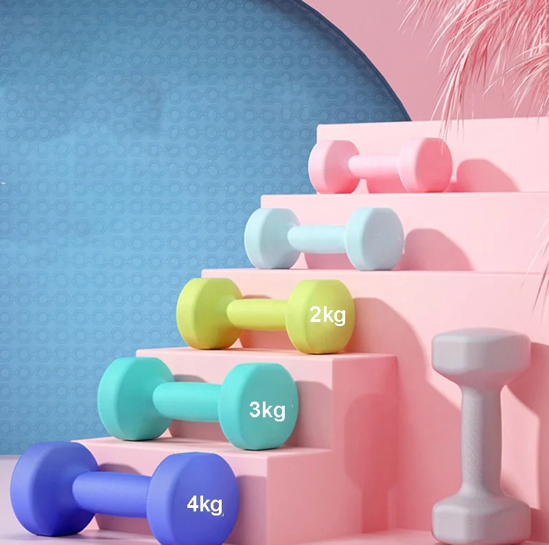 Women and Kids Aerobic Gym Dumbbell Set Custom Color 1kg 2kg 3kg 5kg 10kg  Vinyl Hand Weights with Hex Neoprene for Fitness