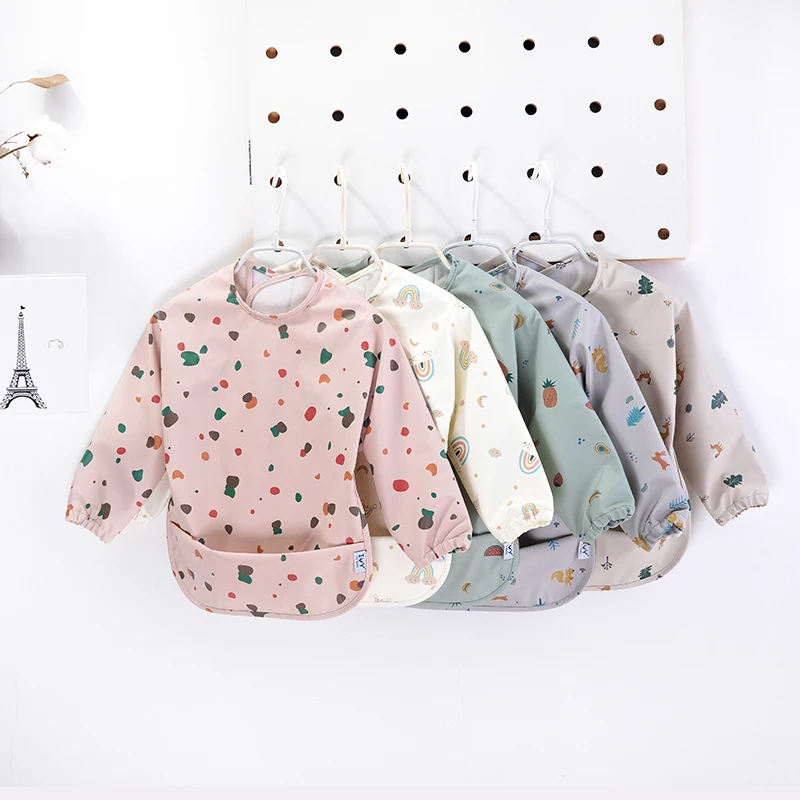 RPET PU coated Long Sleeve Baby Full Sleeved Smock Bibs for Babies Eating Mess Proof for Weaning factory