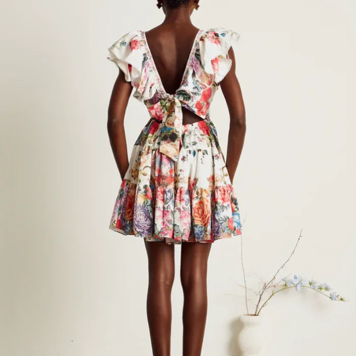 High Quality Mini Satin Silk Women's Dress Latest Open Breast Flora Printed Design Natural Waistline Woven Digital Printing