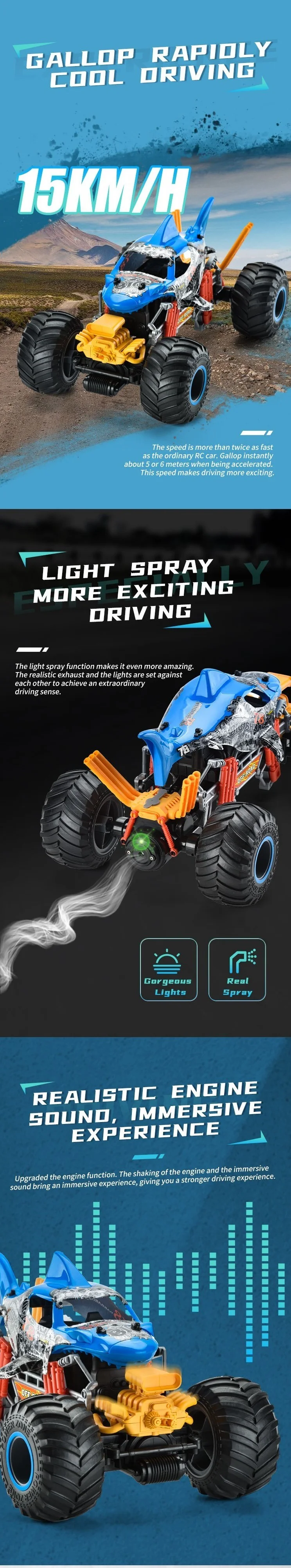 New 1:10 2.4G Muscle Car With Spray Engine Superior Quality 1:10 Electric Rc Off Road Shark Car Rc Car Off-Road 4X4 Monster