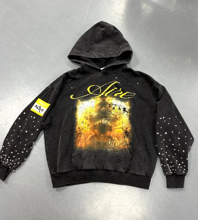 SALATI High Quality Custom Winter French Terry Digital Printing Sleeve Rhinestones Oversized Cropped Pullover Black Hoodie