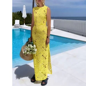 Factory Wholesale Designer Fashion Midi Sleeveless Dress Women Summer Hollow Out Bandage Socialite Parties Elegant