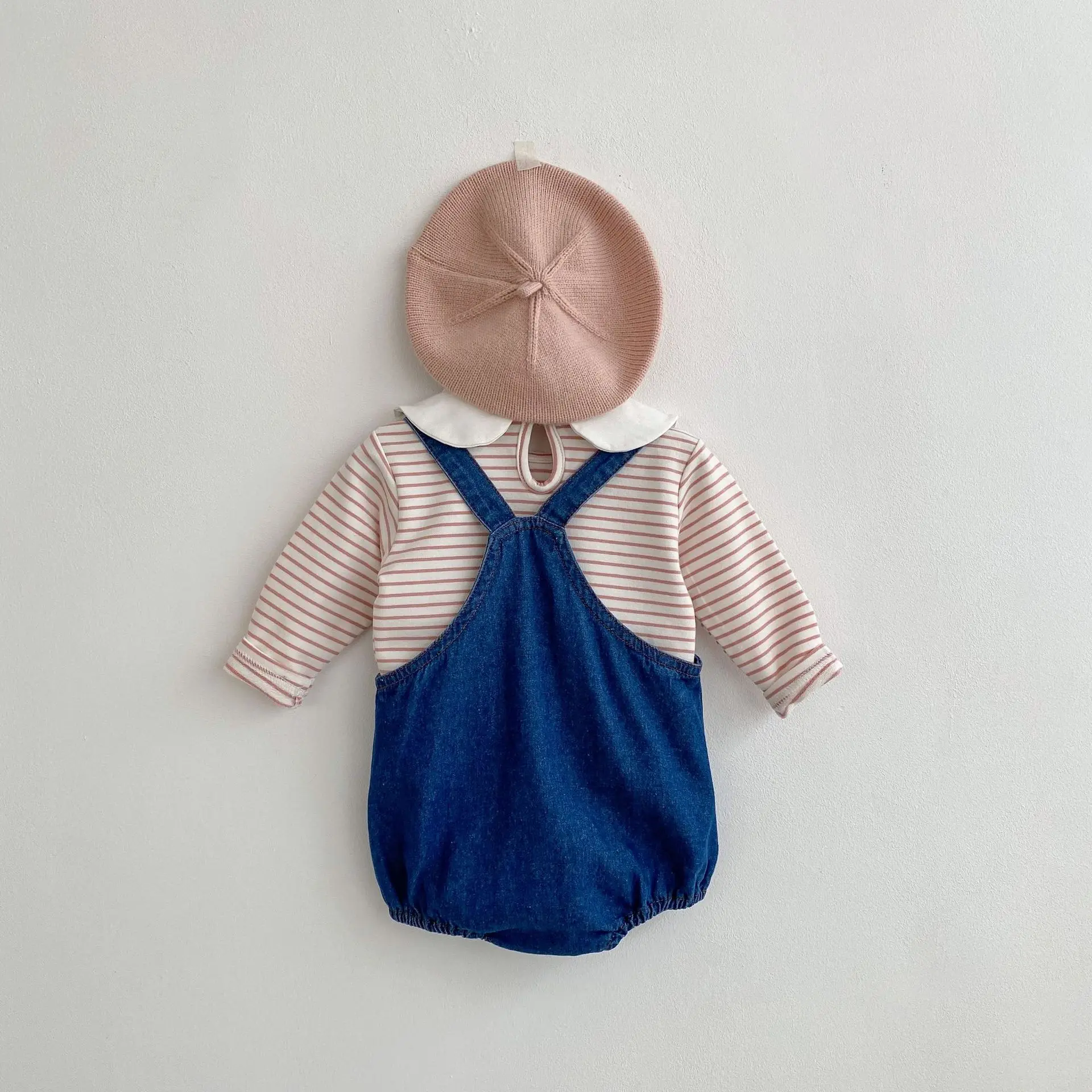 Spring Infant Rabbit Neck Stripe Top Flower Denim Romper Fashion Baby