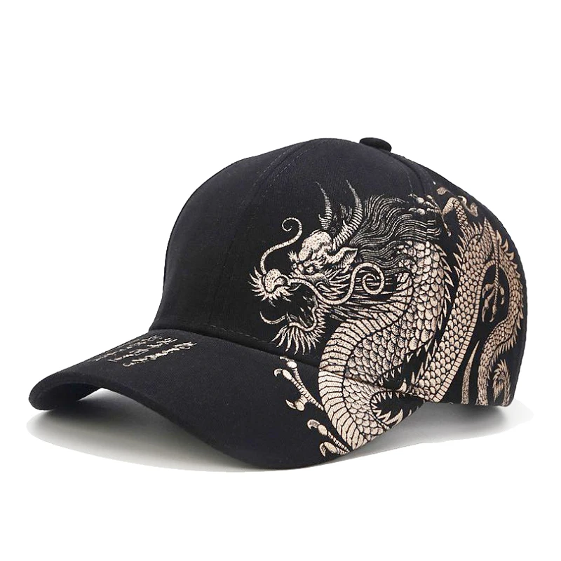 China style wholesale baseball cap dragon pattern distressed black color adjustable baseball cap