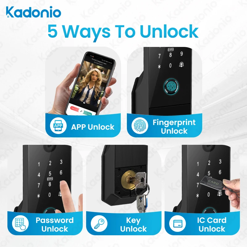 Kadonio WIFI Control Automatic Fingerprint Password Keyless Camera Door Bell Digital Smart Rim Lock With Display Screen