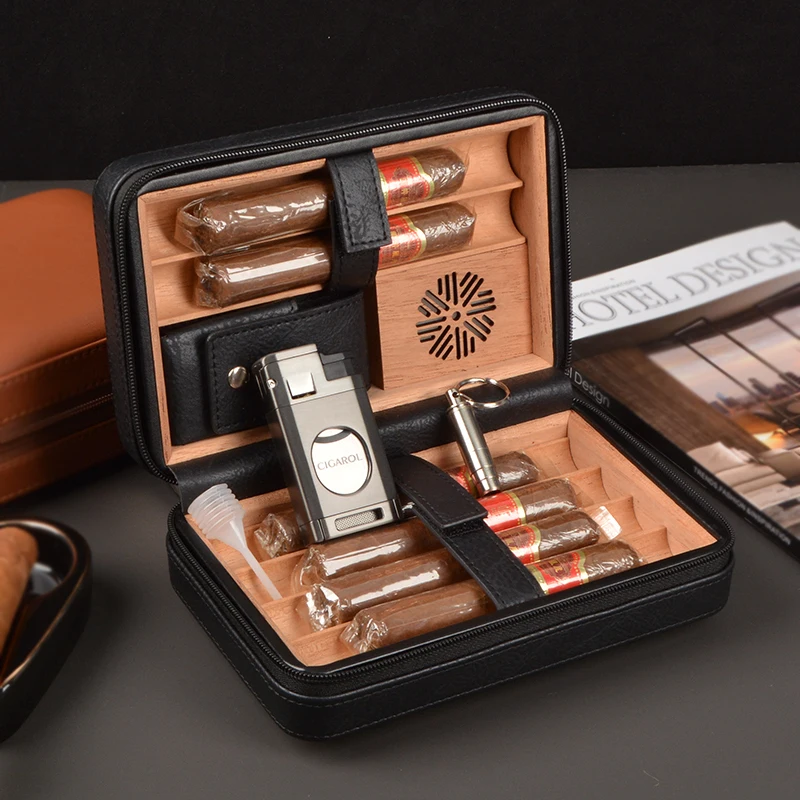 Factory Wholesale Cigar Travel Humidor Cedar Wood Leather Cigar Case 