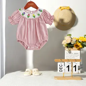 Custom Baby Clothes Shirred Smocked Baby Clothing One-Piece Jumpsuit Flower Embroidered Baby Romper