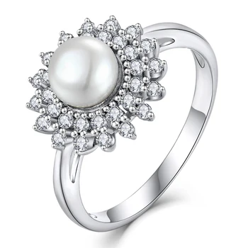 Trendy Fashion Rhodium Plated Flower CZ Diamond Gemstone Rings OEM ODM Wholesale S925 Woman Original Pearl Sterling Silver Rings