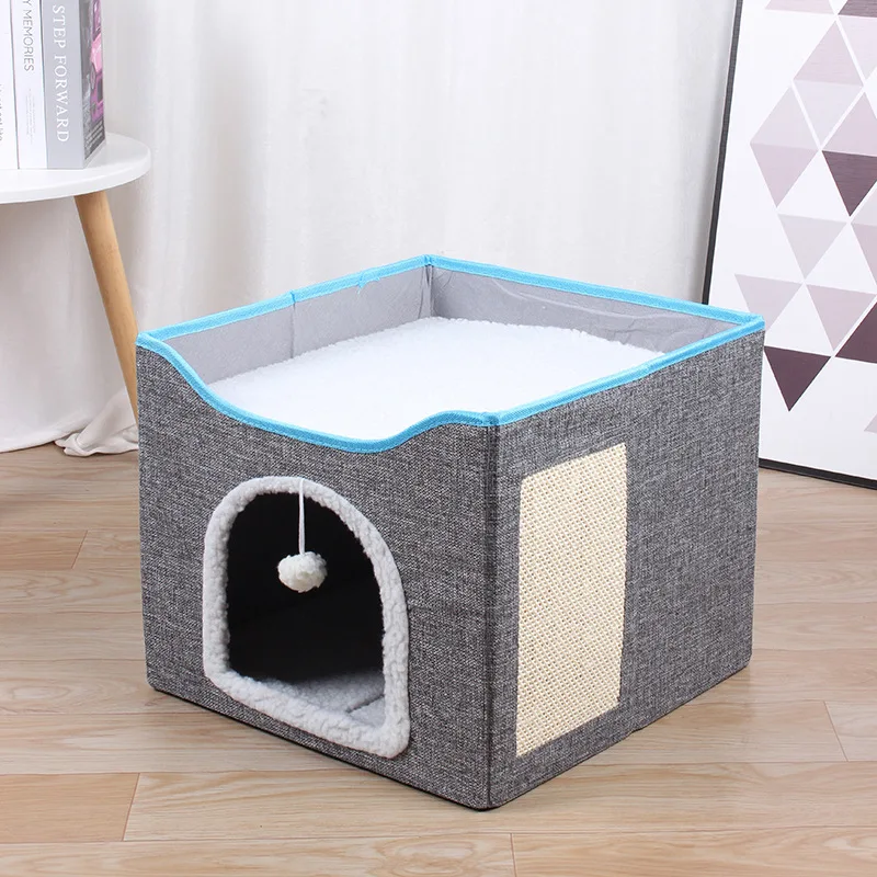 product foldable cat condo cat house with scratch pad and fluffy ball-49