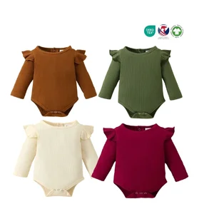 Wholesale New Born Baby Products Casual Knitted Ribbed Onesie Ruffles Spandex Cotton Plain Romper for Spring Season ODM Supply
