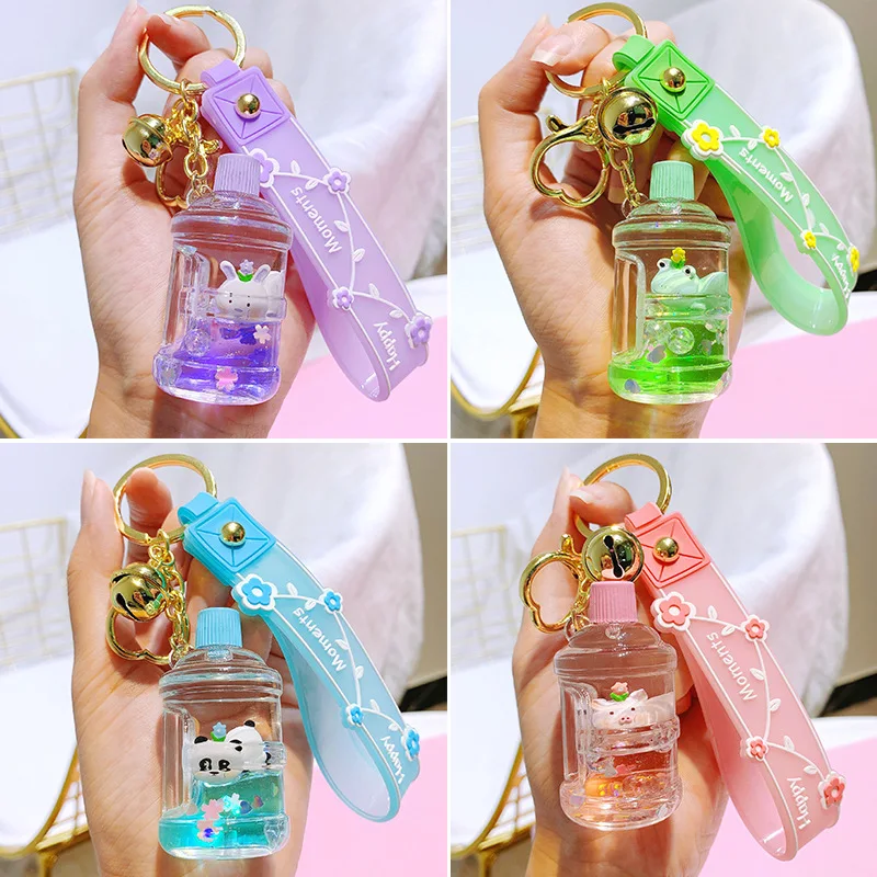 Cute Mini Bucket Lazy Doll Keychain Liquid Drift Bottle Luxury Acrylic Key Chain Car Key Holder Women Bag Pendant Jewelry Gifts