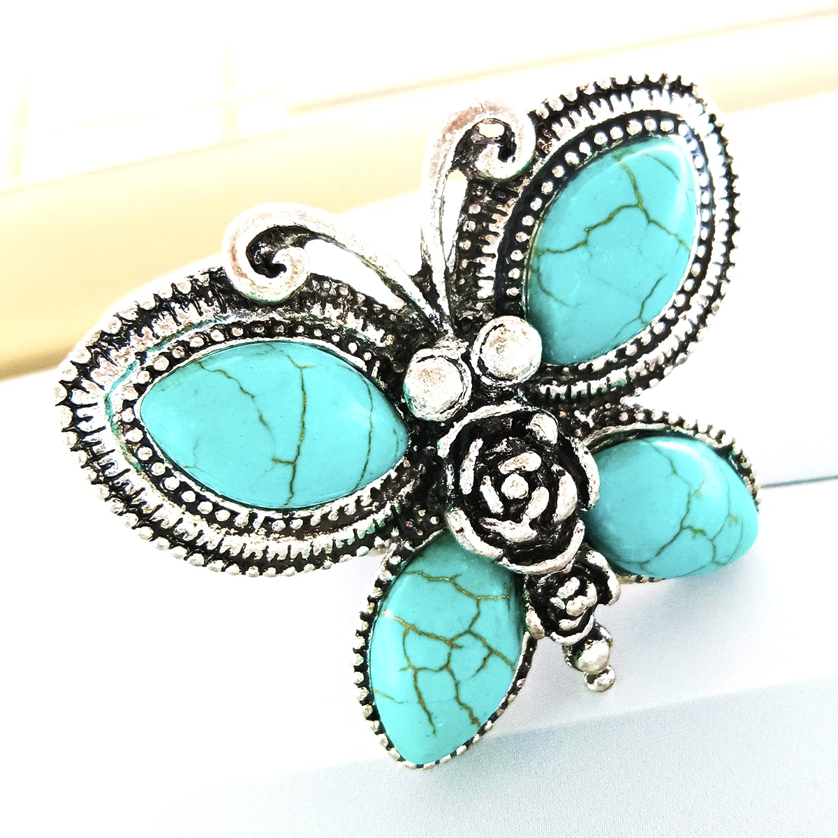 product new fashion custom vintage butterfly geometric shell turquoise natural stone elastic ring for women742-4