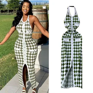 Vintage Hanging Neck and Exposed Back Slim Fit Split Diamond Grid Knitted Hip Hugging Long Skirt Culb SLIM Waist Dresses