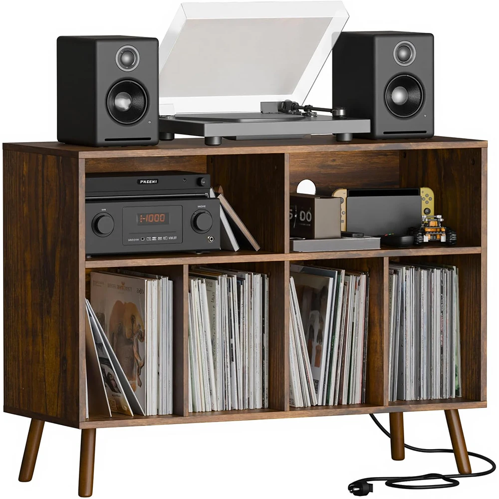 Living Room Record Player Stand Vinyl Cabinet Wood Turntable Table Open Cubby Shelf Holder Cube Storage Organizer with Leg
