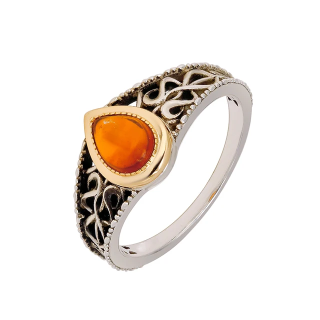 Dunli Jewelry Agete * The same Japanese Style vintage S925 silver plated 14k gold making old artificial amber ring