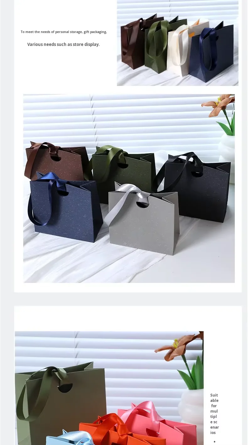 Assembled luxury paper bags with ribbon in retail setting