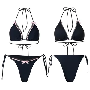 Sexy Lace Trim Bikini Set for Women with Tie Side and Bow Details Two Piece Swimwear Wholesale Direct From Factory