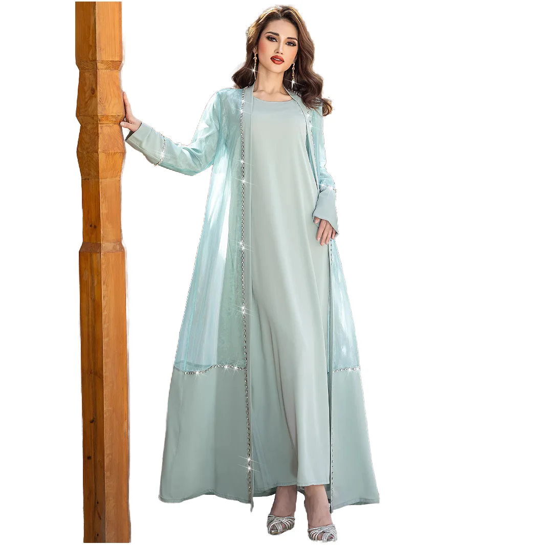 RO5188 Mint Green Sheer Two-Piece Cardigan Cross-Border Dress Elegant  Polyester Abaya Autumn Spring Summer Traditional Muslim