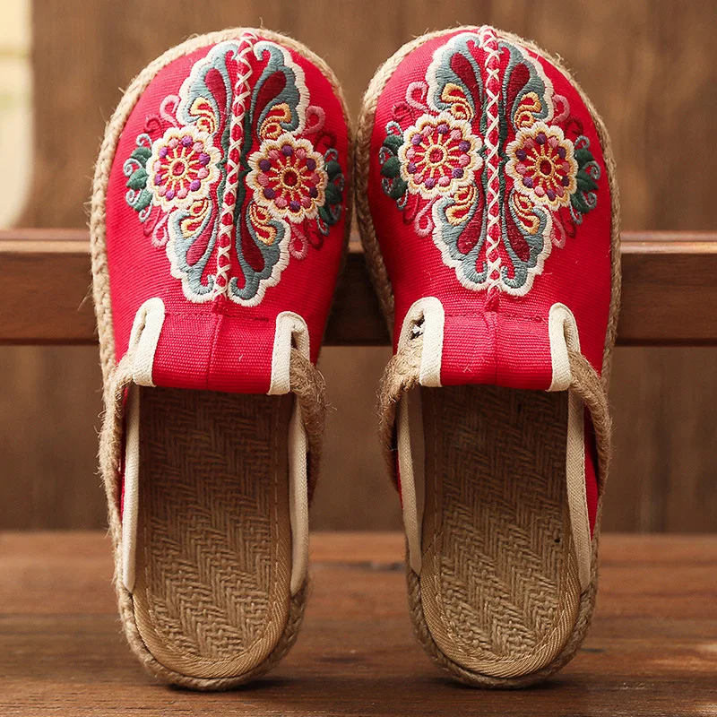 women  3 color flower embroidered breathable linen shoes ethnic flavor graceful  fisherman shoes