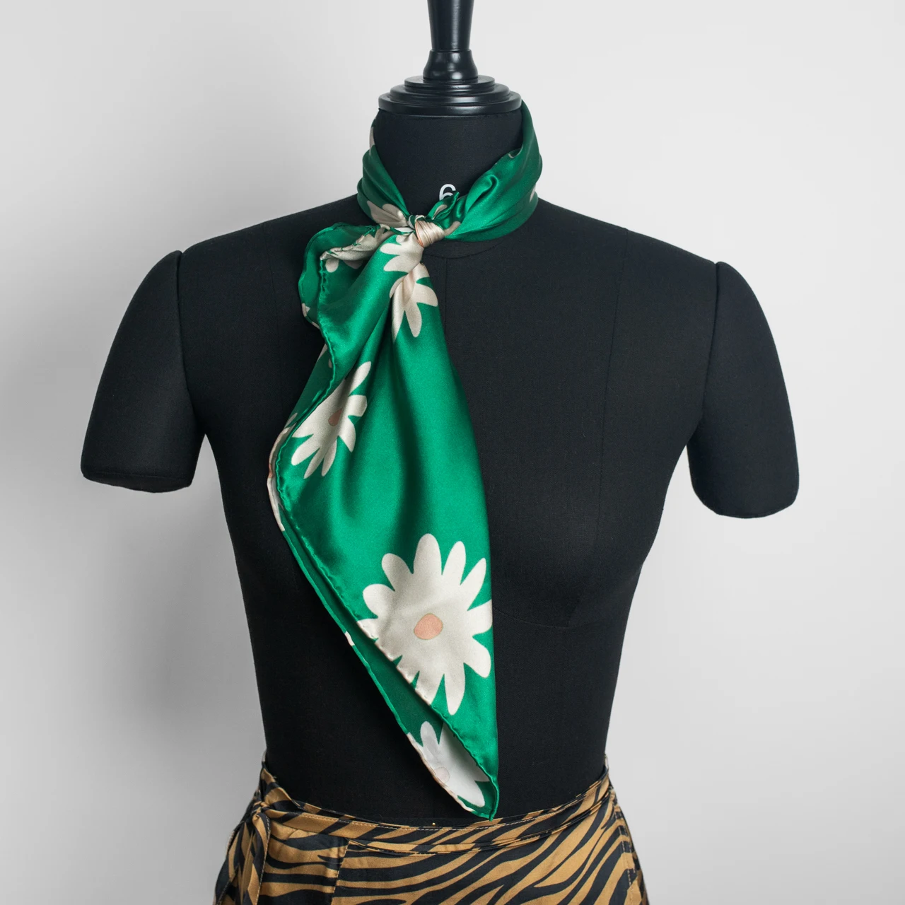 Small Neck Scarf Green Design Silk Scarf 100% Silk Satin Square