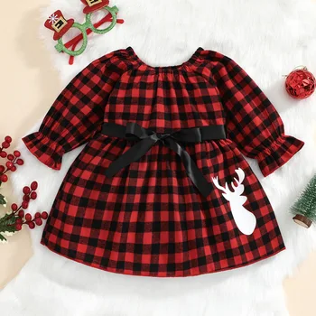 fashion red plaid infant Girl Dress for Christmas Toddler Kids Baby Elk Print Party Dresses Xmas Kids boutique