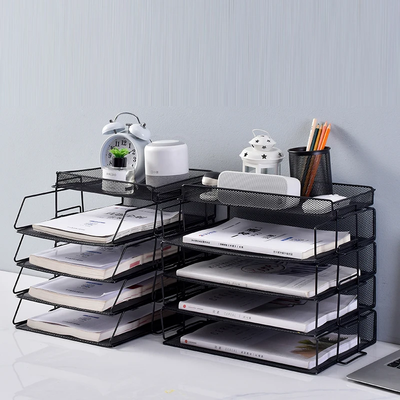 Office supply Desk Table Metal Wire Mesh 6 Vertical Compartment Metal Mesh File Organizer with 2 trays