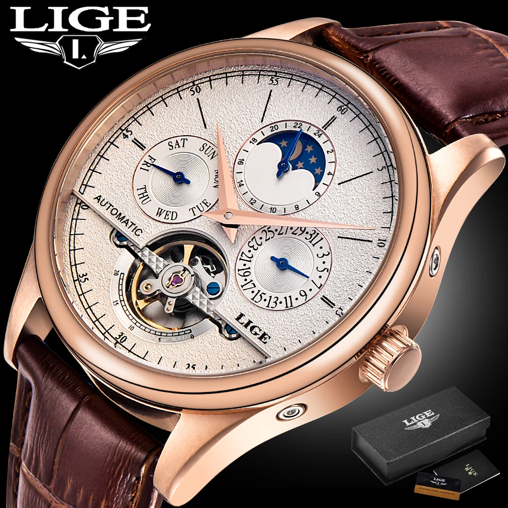 LIGE LG6826 メンズ自動機械式ツールビヨン時計 ブラウンレザー ビジネス用