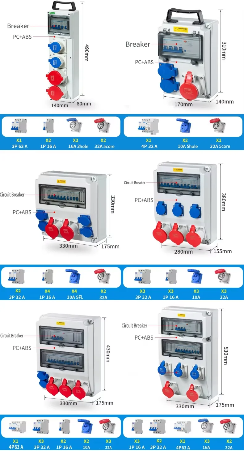 IP67 Portable Industrial Waterproof Power Distribution Box 32A ABS Distribution Box 6 Euro Plug ABS Electric Box