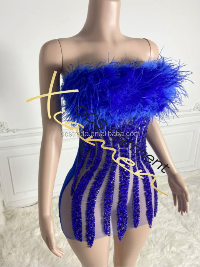 Ocstrade Diamond Backless Off Shoulder Club Dress - Green Feather Mini Dress With Rhinestones