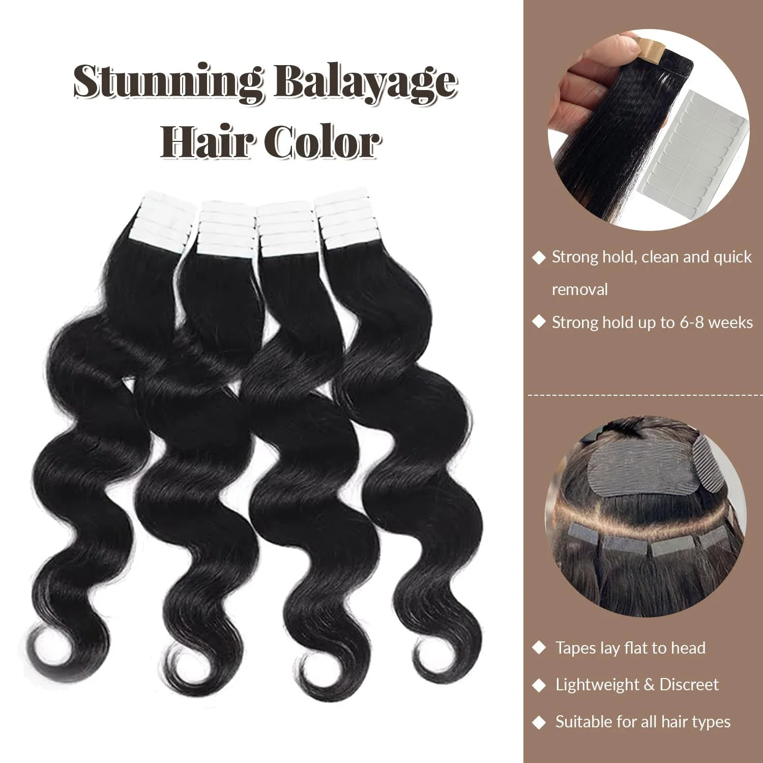 Extensii de păr Remy natural, cu bandă adezivă, ondulate fără sudură, pentru femei_voghion.com