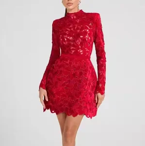 New Arrival Women's Elegant Party Mini Dress Long Sleeves O-Neck Lace High-Waisted Design Zip-Up Solid Color Eco-Friendly Button