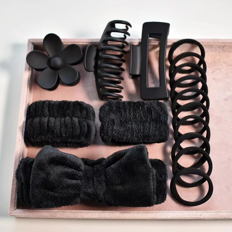 Custom Wholesale 16pc/set Elastic Hair Tie Claw Clips Fashion Bow Headband Spa Gift Set for Women Accessories