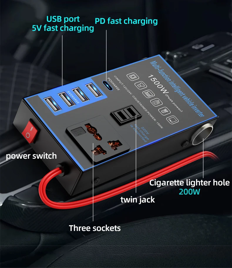 Car Multi-function 12V24VDC Converter AC220V USB Socket Fast Charge Car Power Inverter