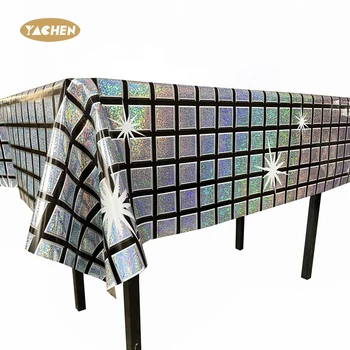 Yachen new arrival custom shiny laser disposable plastic PET tablecloth table covers for birthday disco parties decoration