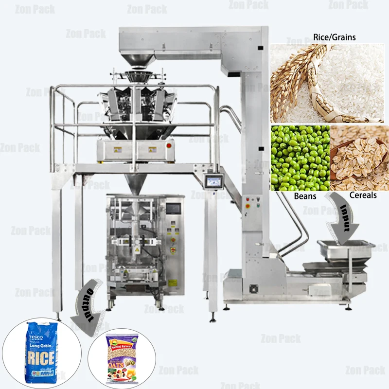 Fully Automatic Bean Nuts Weighing Packaging 10/14 Head Weigher Vffs Rice Packing Machine 1kg 5kg