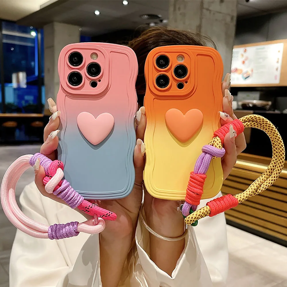 Laudtec Sjk913 3D Heart Phone Case Cute Love Cover Shockproof Wave Frame Silicone Lanyard For Iphone 16 15 14 13 12 Plus Pro Max