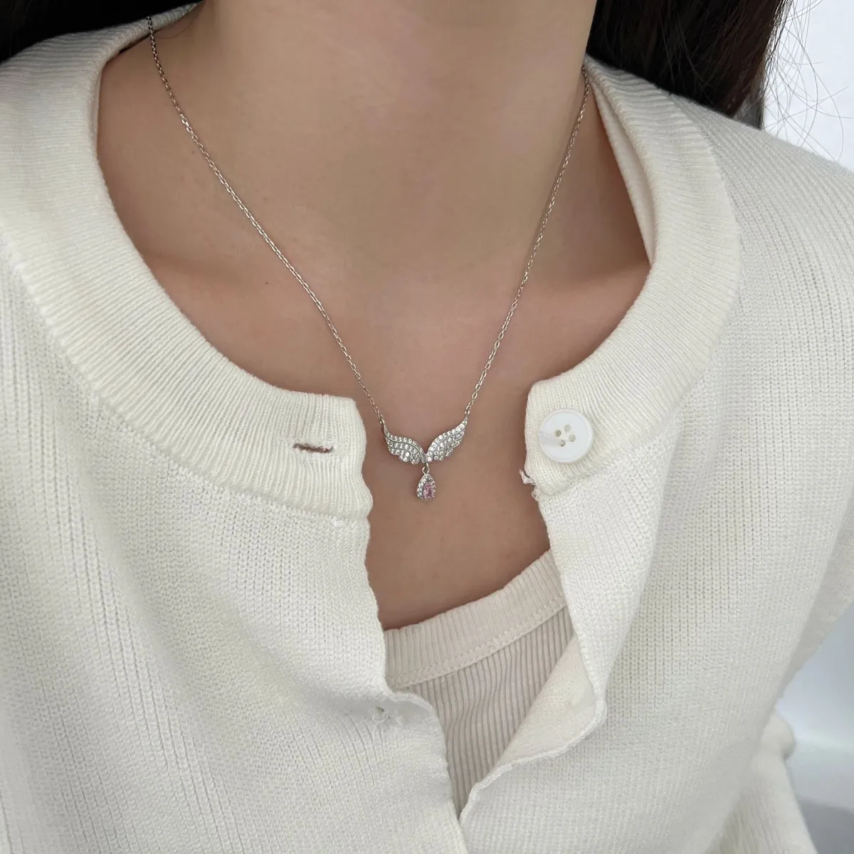 KAKODIY exquisite shiny silver angel wings pink pear-shaped Cubic Zirconia teardrop pendant for women necklace for women detail 4
