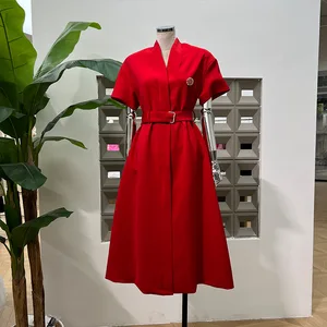 Factory Wholesale Vintage Polyester Long Dress V-Neck High Waist Short Sleeve Elegant Belt Placket Office Ladies Dress