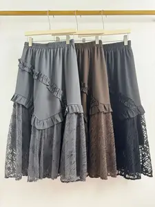 New Spring Casual Lace Ruffles Stitching Wood-ear Design All-match High Waist Slim A-Line Mid-length Skirt