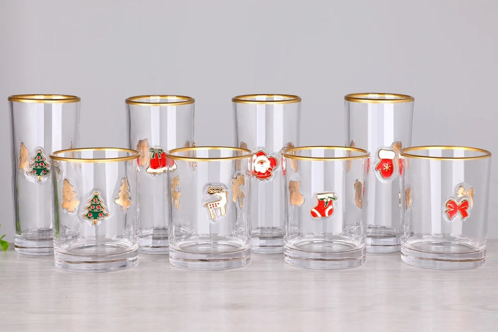 Ready to Ship Christmas Fruit Raised 3D Enamel Applique Motif Gold Rim Highball Cooler Double Old Fashioned Rocks Tumbler Glass