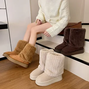 Women's Snow Boots 6cm Height Increase with Plush Insulation, Winter Belt Buckle, Pants, Short Boots, Midsole, Cotton Shoes