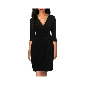 Women's Classic 3/4 Sleeve V Neck Chiffon Sheath Dress Casual Party Work Summer Faux Wrap Black Natural Solid Woven Washable ODM