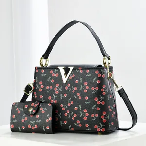 Women's Cherry Print Handbag Set Gold Metal V Embellishment Shoulder Bag with Top Handle 2 Pieces Set Totes